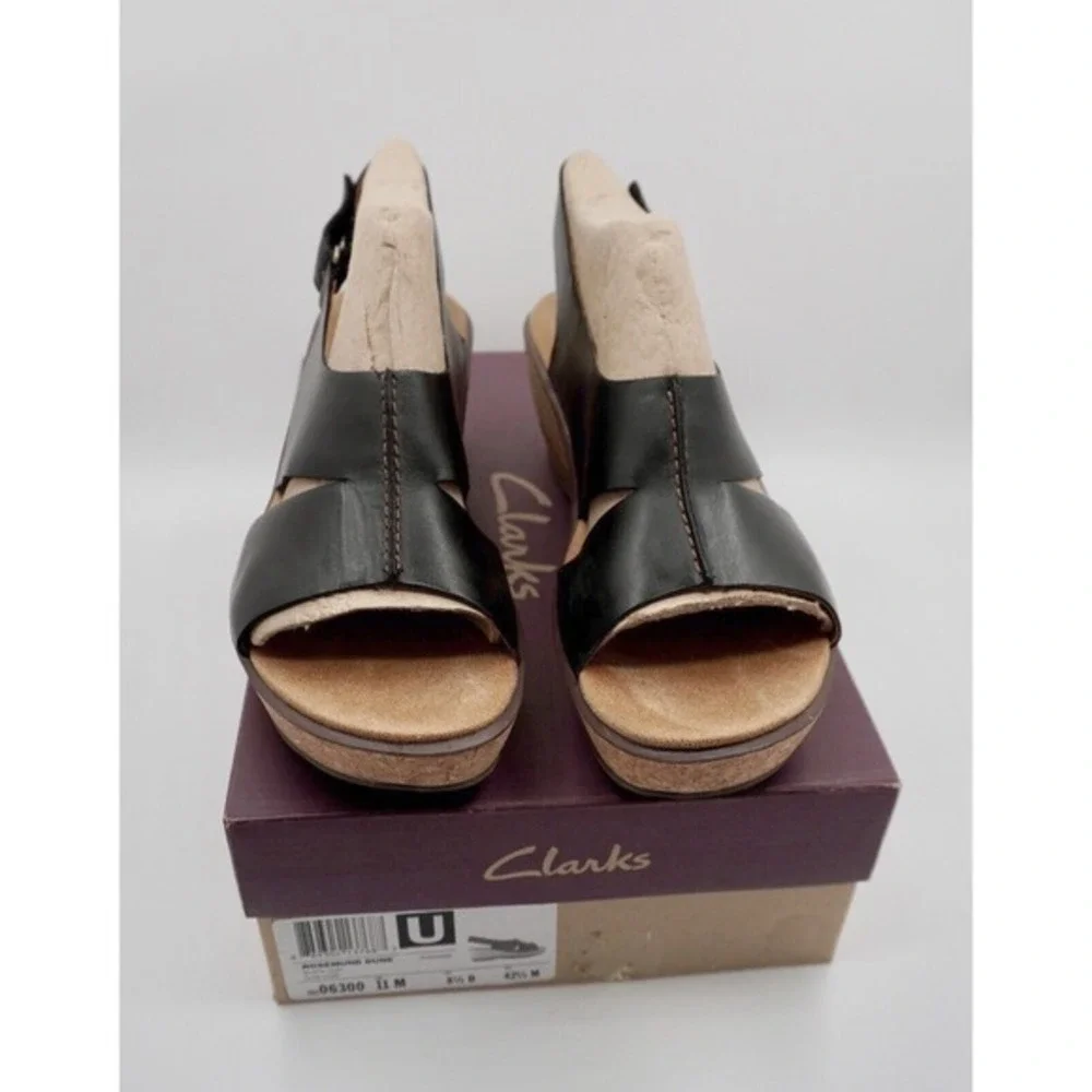 Clarks Rosemund Dune Black Leather Cork Wedge Sandals 11 M Resortwear 35-01-01